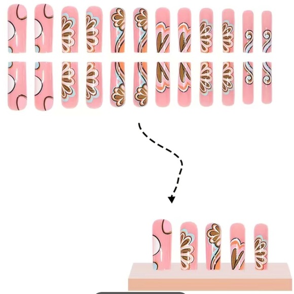 24pcs Glossy Long Square Pinkish Press On Nails Colorful Flower Sea Wave Design - Picture 4 of 5